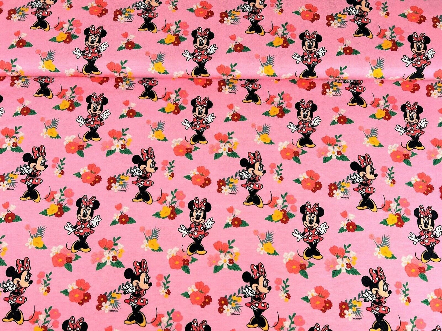 Baumwolle Jersey Stoff Minnie Maus rosa Blumen - Preis für 0,50m Lizenzstoffe