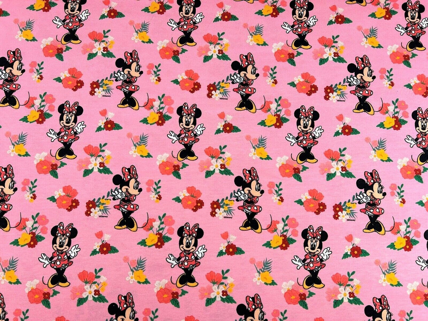 Baumwolle Jersey Stoff Minnie Maus rosa Blumen - Preis für 0,50m Lizenzstoffe