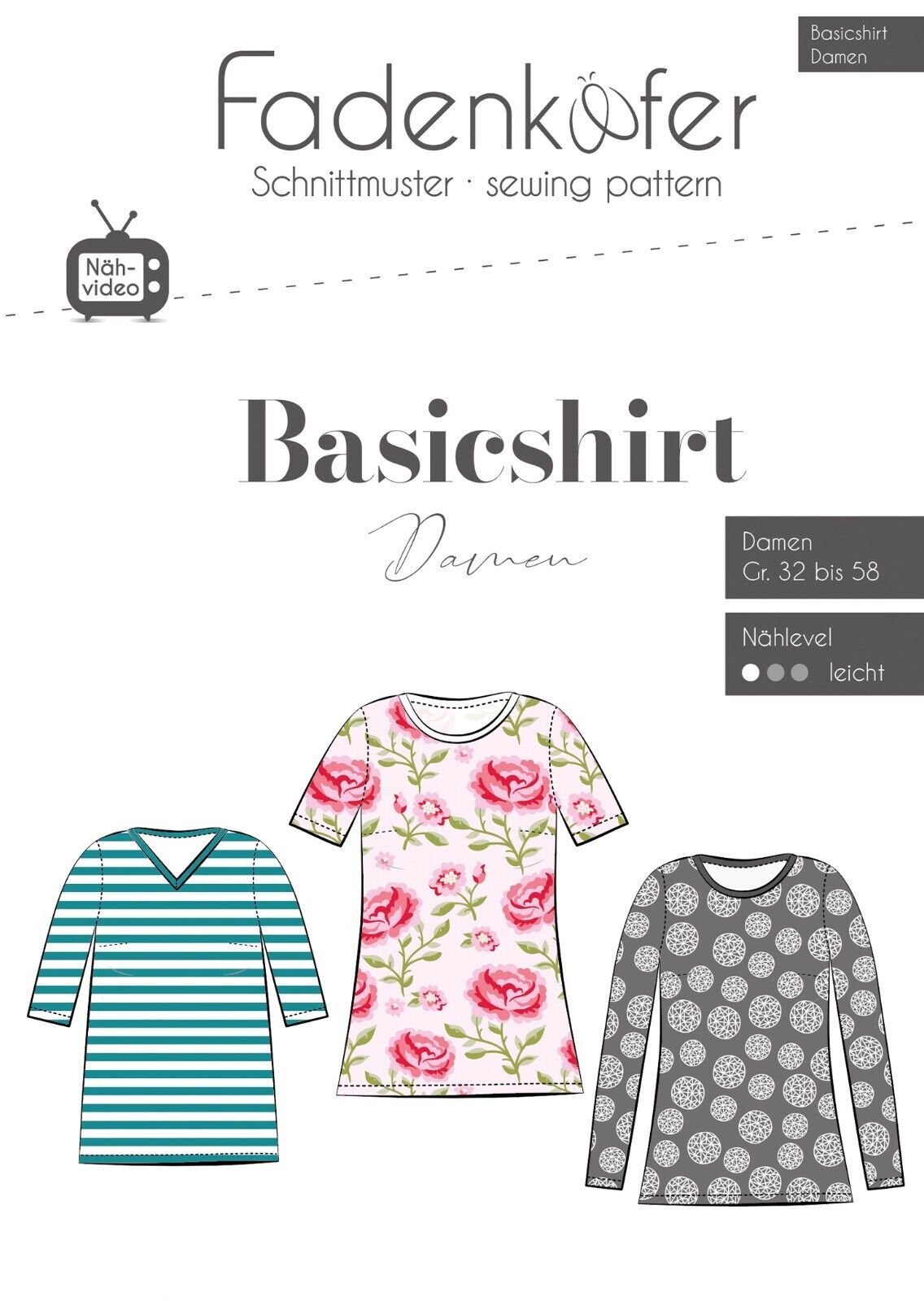FADENKÄFER Papier Schnittmuster Basicshirt Damen Größe 32 bis 58 Neu Basic Shirt