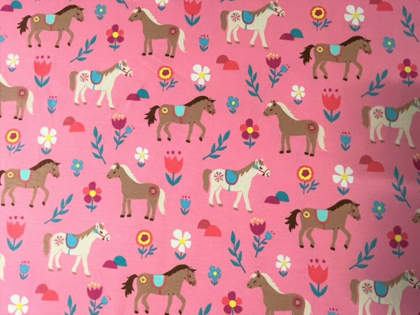 Baumwolle Jersey Stoff Pferde & Ponys rosa - Preis gilt für 0,50m Meterware