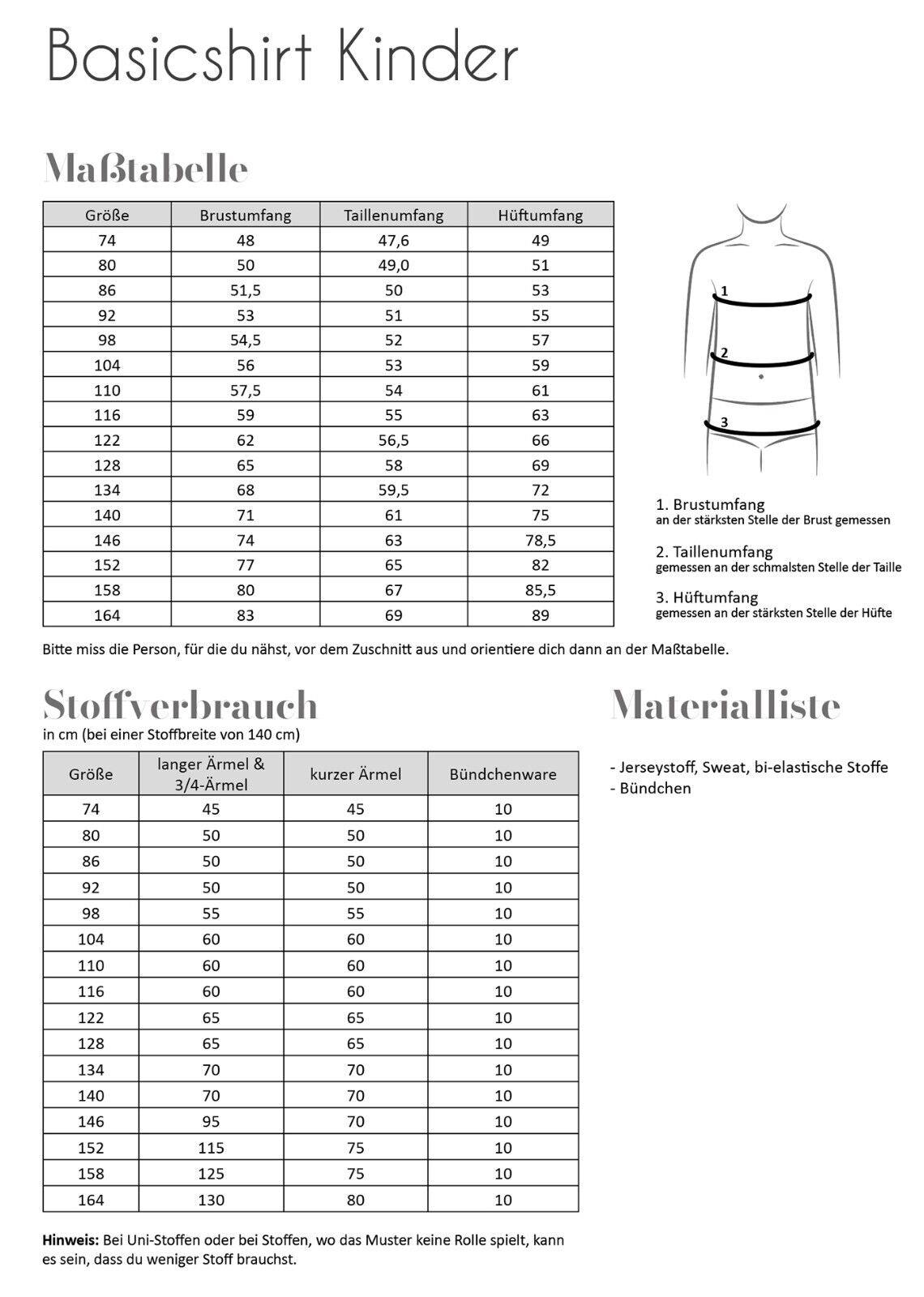 FADENKÄFER Papier Schnittmuster Basicshirt Kinder Größe 74 bis 164 Neu