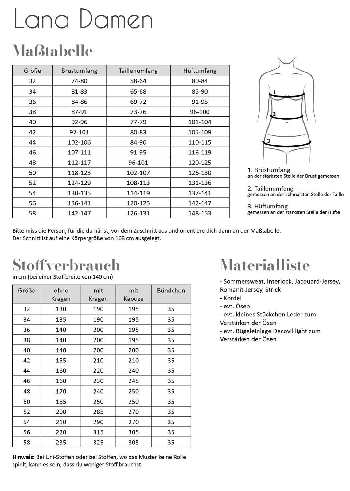 FADENKÄFER Papier Schnittmuster Lana Damen Größe 32 bis 58 Neu Hoodie Lana