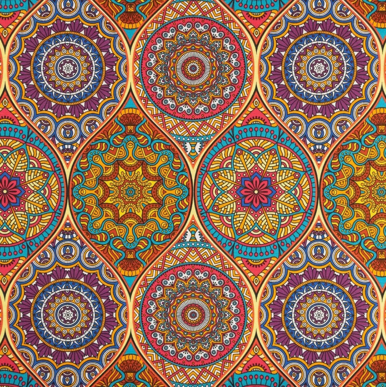 Dekostoff Mandala bunt orange Leinenoptik (Meterware ab 0,50m) Sommerstoff Deko