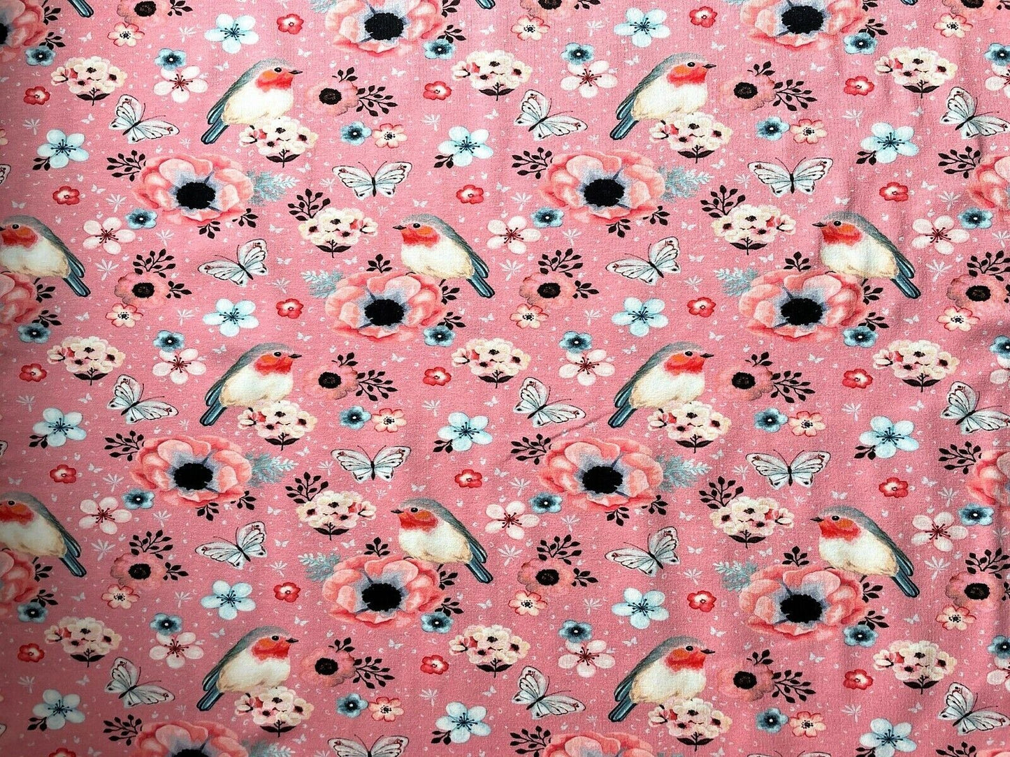 Jerseystoff Vögel Rotkehlchen rosa Damenstoff - Preis für 0,50m Sommerstoff