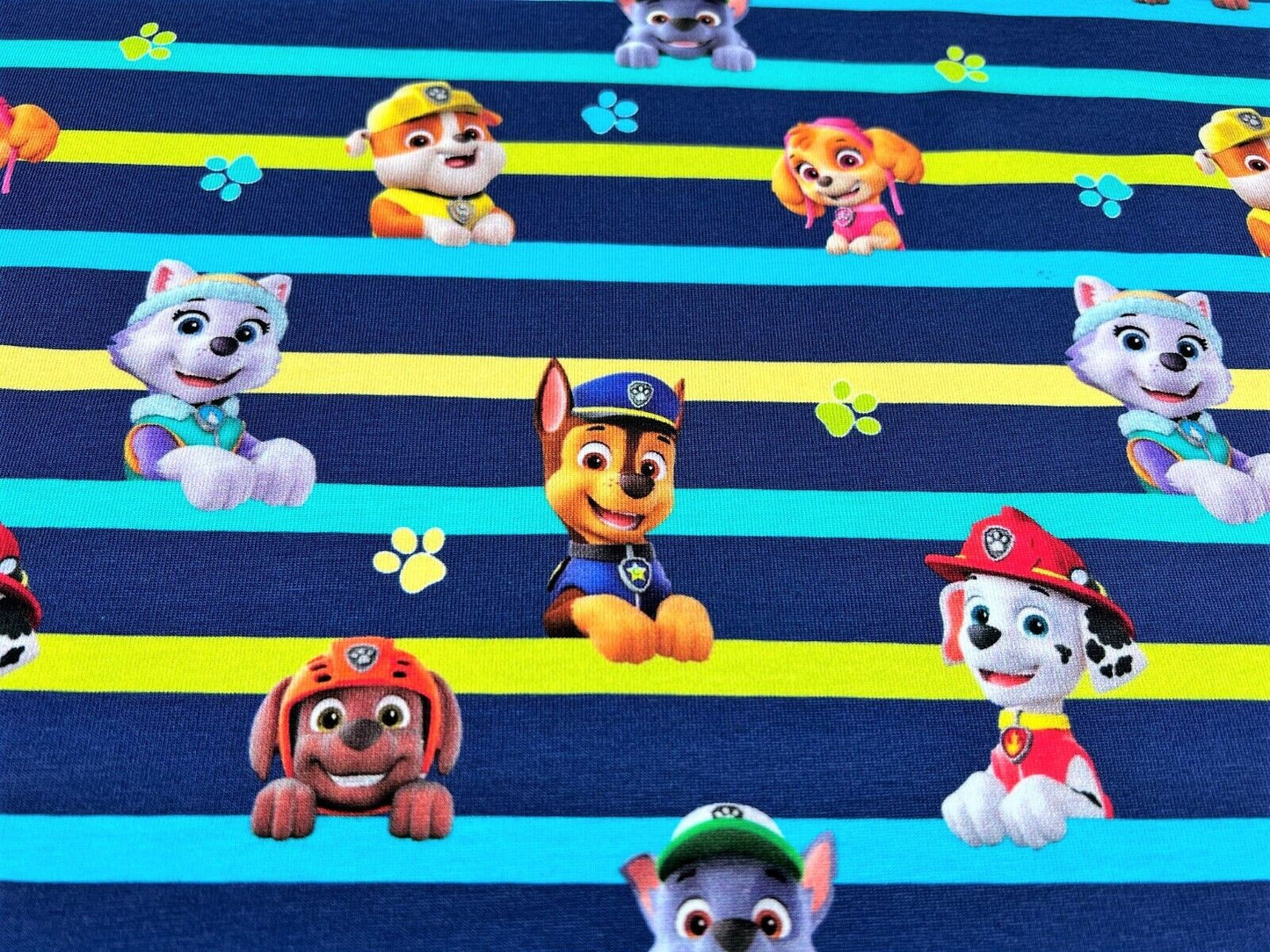 Baumwoll Jersey Stoff Paw Patrol - Preis für 0,50m blau gestreift Lizenzstoffe