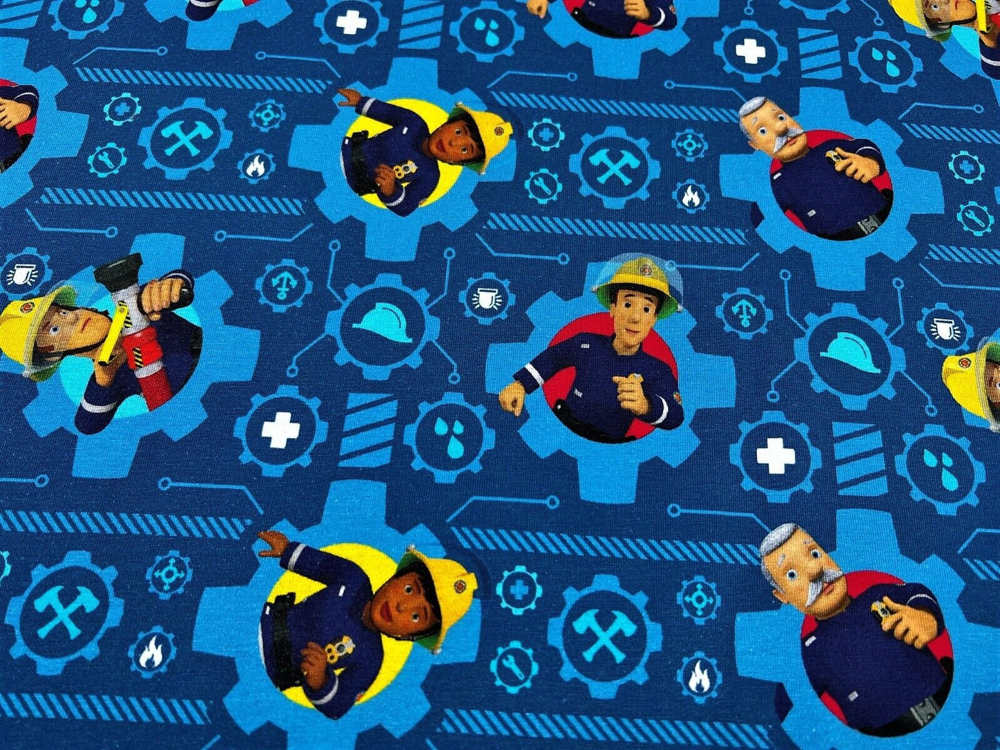 Baumwoll Jersey Stoff Feuerwehrmann Sam blau Preis gilt für 0,50m Lizenzstoffe