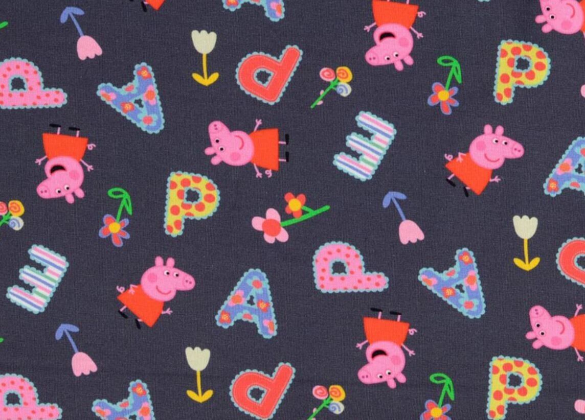 Baumwolljersey Stoff Peppa Wutz grau - Preis gilt für 0,50m Disney Lizenzstoffe