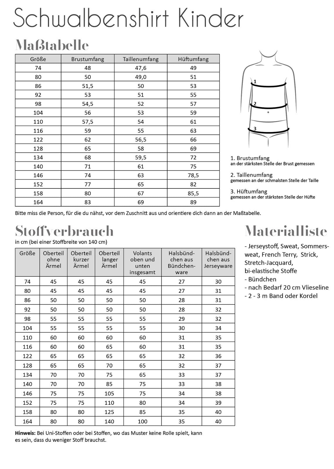 FADENKÄFER Papier Schnittmuster Schwalbenshirt Kinder Größe 74 bis 164 Neu