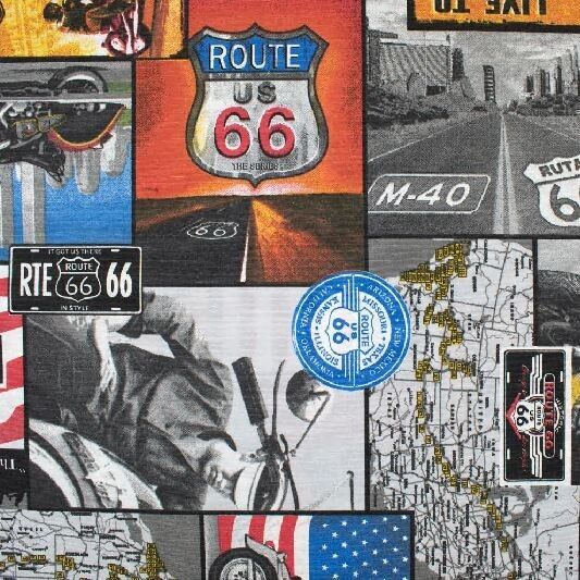 Dekostoff Route 66 Amerika USA (Meterware ab 0,5m) Sommerstoff Motorrad Bike
