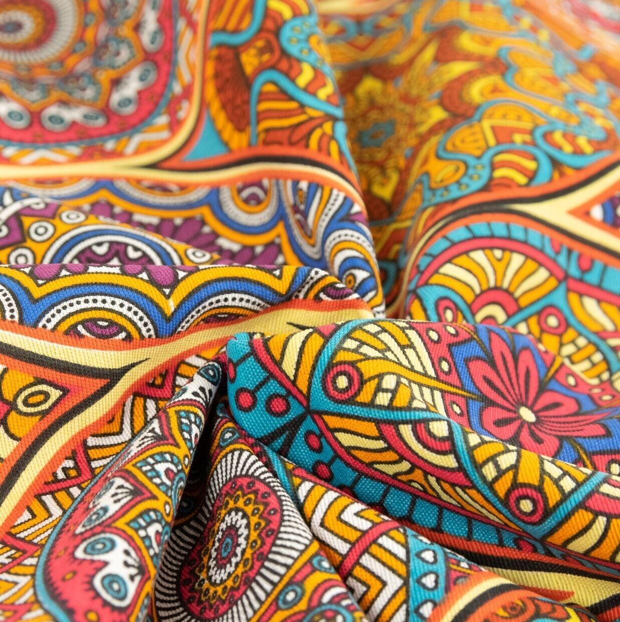 Dekostoff Mandala bunt orange Leinenoptik (Meterware ab 0,50m) Sommerstoff Deko