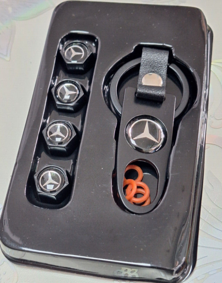Mercedes Schlüsselanhänger + 4 Ventilkappen Luftkappen Geschenkset Raddeckel