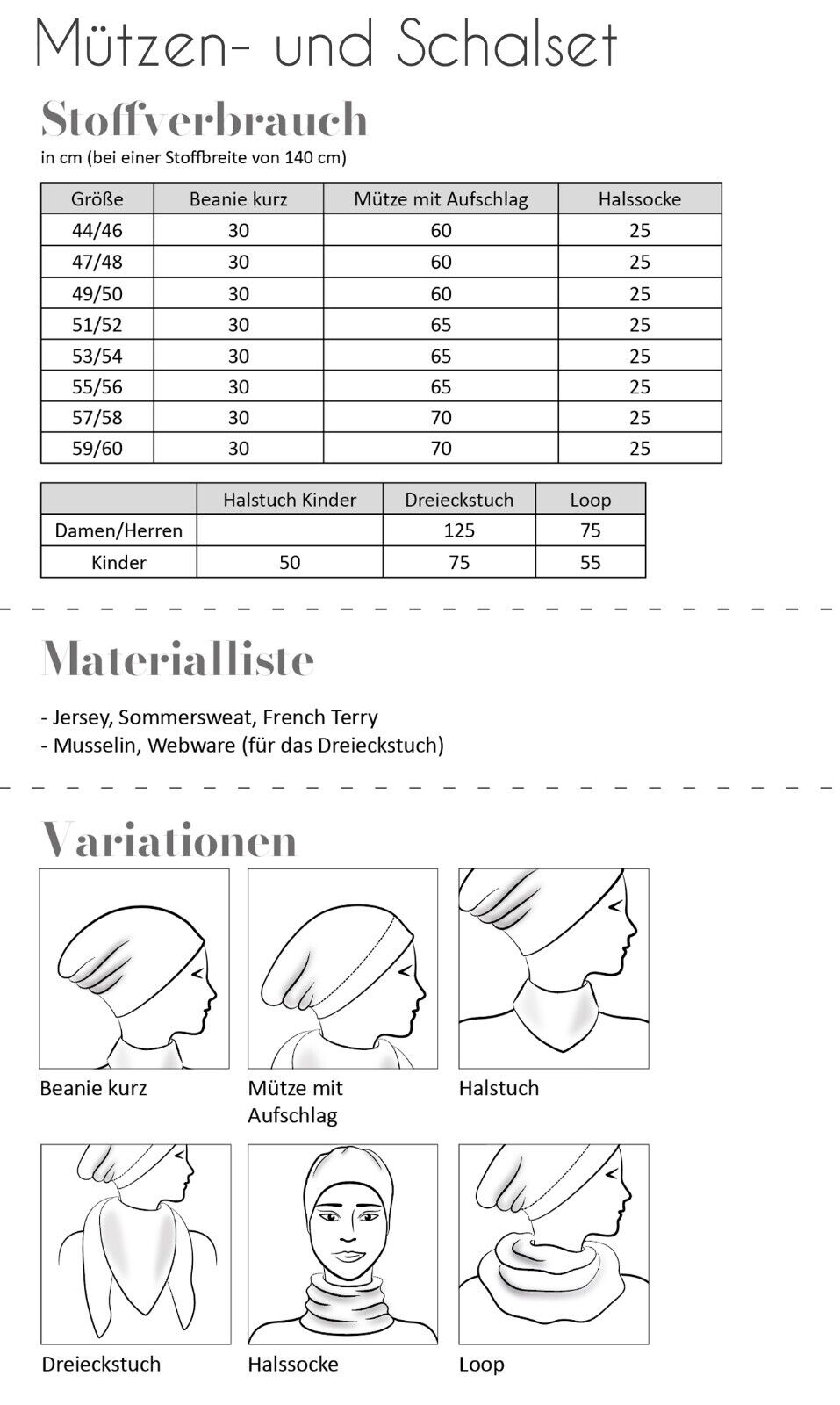 FADENKÄFER Papier Schnittmuster Mützen & Schalset Kopfumfang Größe 44 bis 60 Neu