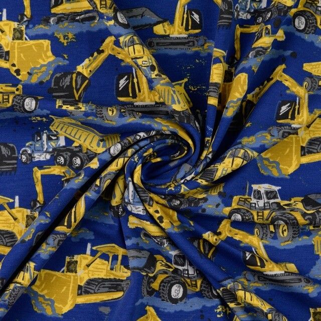 Digitaldruck Baumwolle Jersey Stoff Baustellenfahrzeuge marine - Preis gilt für 0,50m