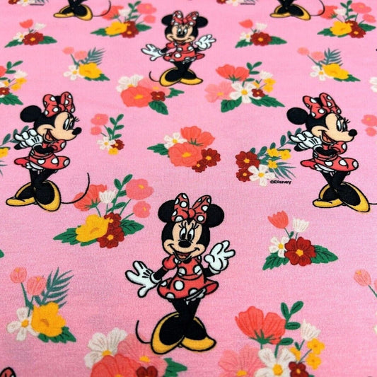 Baumwolle Jersey Stoff Minnie Maus rosa Blumen - Preis für 0,50m Lizenzstoffe