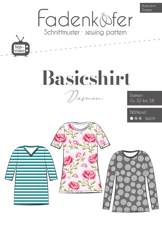 FADENKÄFER Papier Schnittmuster Basicshirt Damen Größe 32 bis 58 Neu Basic Shirt