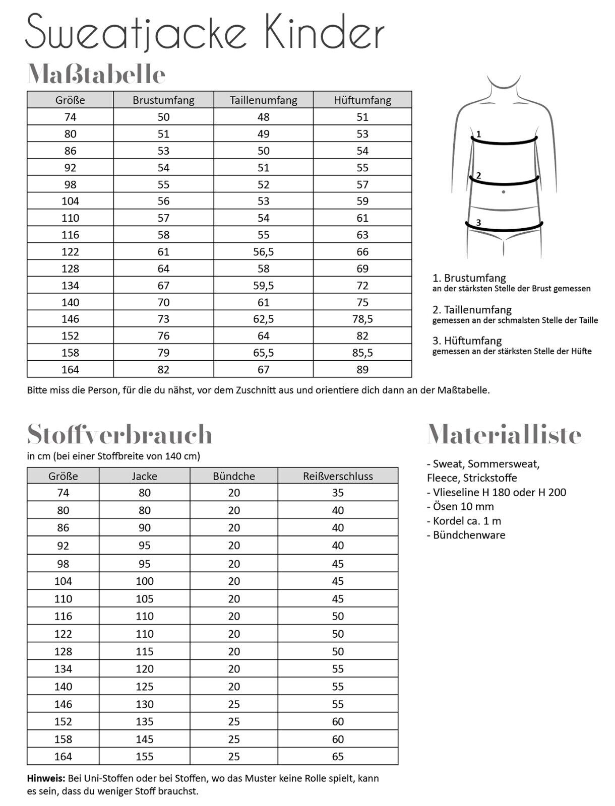 FADENKÄFER Papier Schnittmuster Sweatjacke Kinder Größe 74 bis 164 Neu