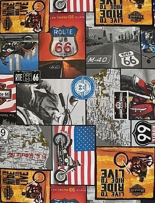 Dekostoff Route 66 Amerika USA (Meterware ab 0,5m) Sommerstoff Motorrad Bike