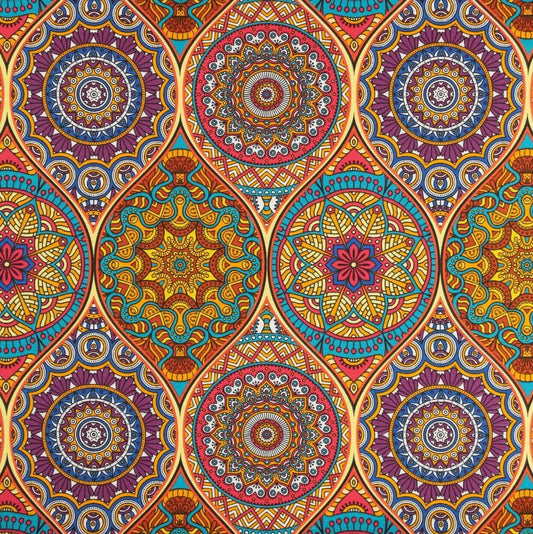 Dekostoff Mandala bunt orange Leinenoptik (Meterware ab 0,50m) Sommerstoff Deko