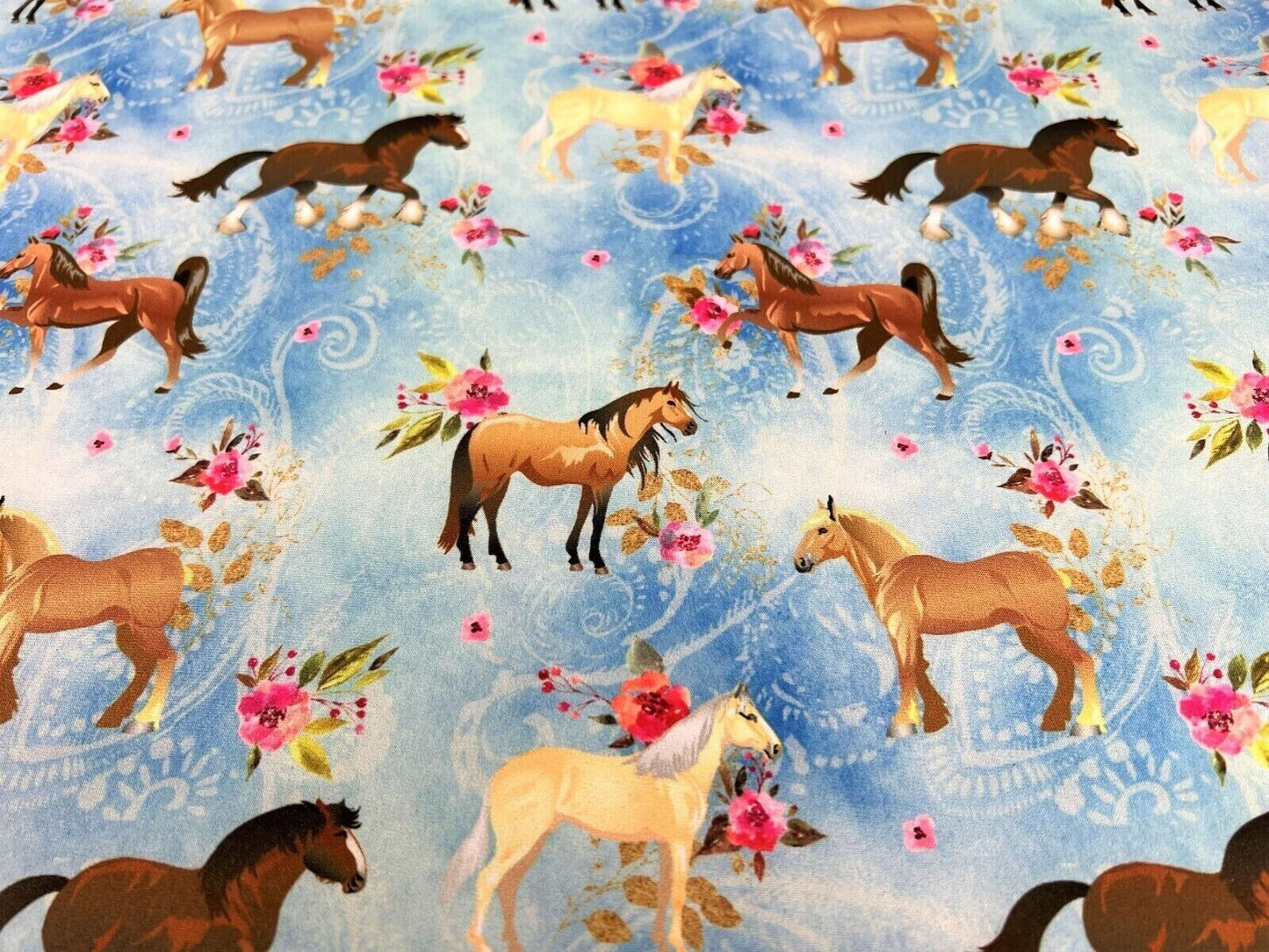 Softshell Stoff Pferde, Ponys & Blumen himmelblau - Preis gilt für 0,50 Meter