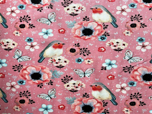 Jerseystoff Vögel Rotkehlchen rosa Damenstoff - Preis für 0,50m Sommerstoff