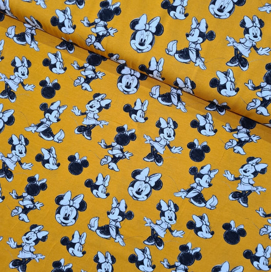Baumwolle Jersey Stoff Minnie Maus senfgelb Preis für 0,50m Lizenzstoffe Disney
