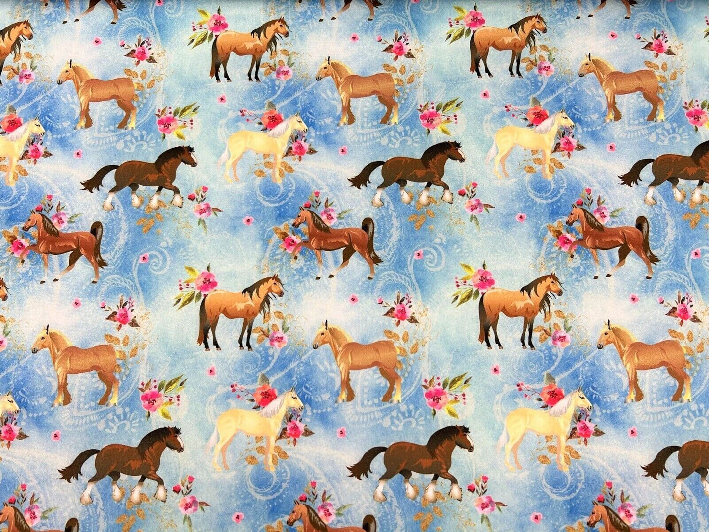 Softshell Stoff Pferde, Ponys & Blumen himmelblau - Preis gilt für 0,50 Meter