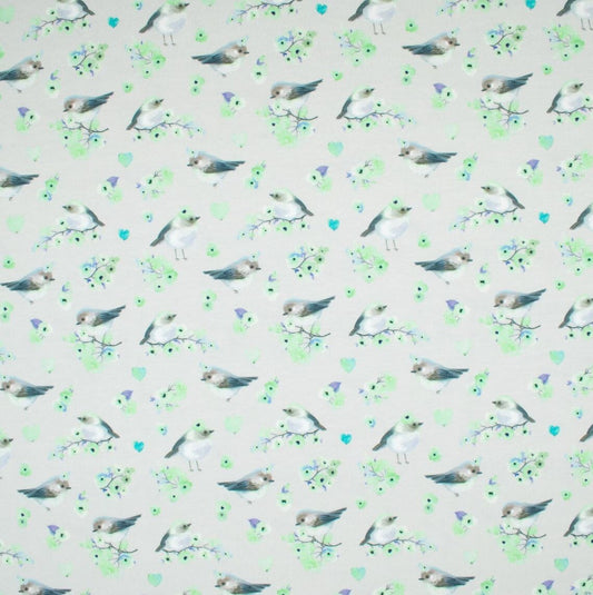 Jerseystoff Vögel Rotkehlchen grau grün Damenstoff ab 0,50m Sommerstoff Digital