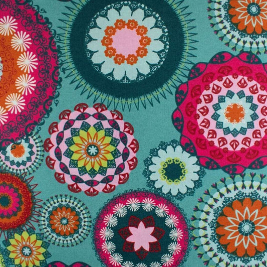 Dekostoff Mandala bunt mintgrün Leinenoptik (Meterware ab 0,5m) Sommerstoff Deko