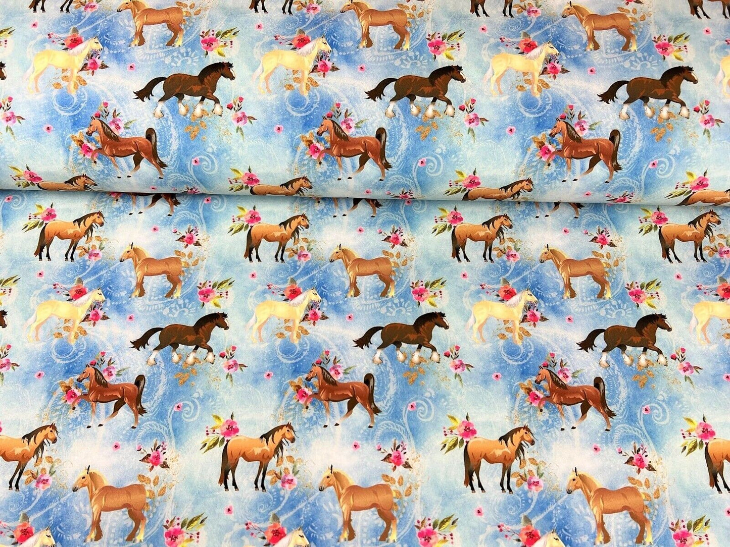 Softshell Stoff Pferde, Ponys & Blumen himmelblau - Preis gilt für 0,50 Meter