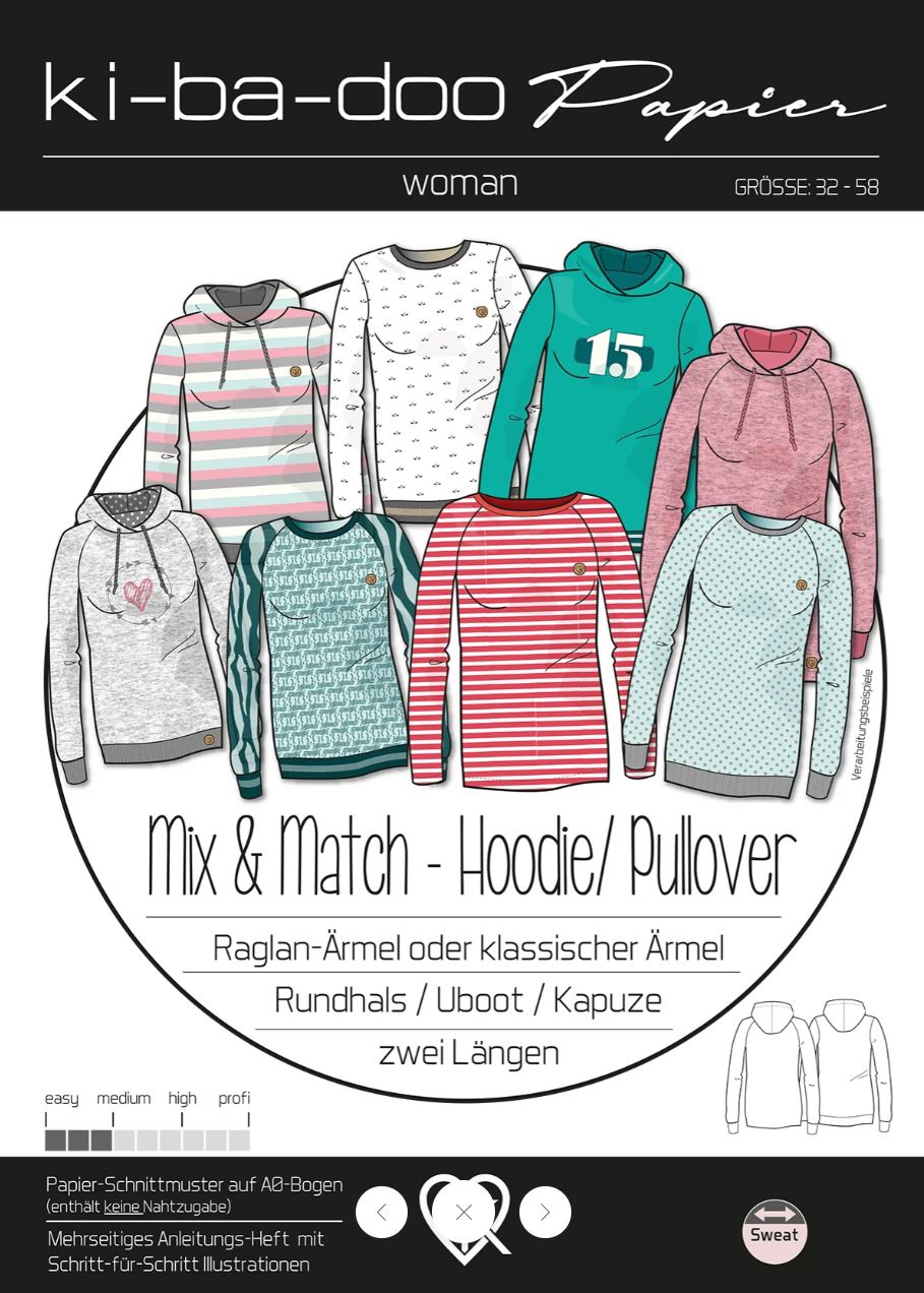 kibadoo Papier Schnittmuster Mix & Match Hoodie / Pullover Damen Gr. 32 - 58