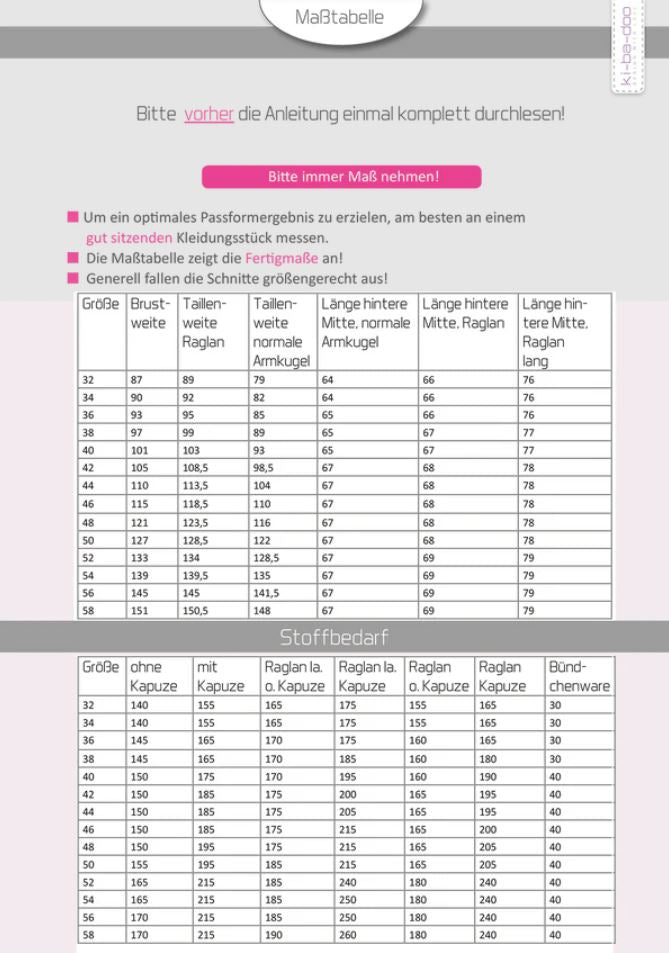 kibadoo Papier Schnittmuster Mix & Match Hoodie / Pullover Damen Gr. 32 - 58