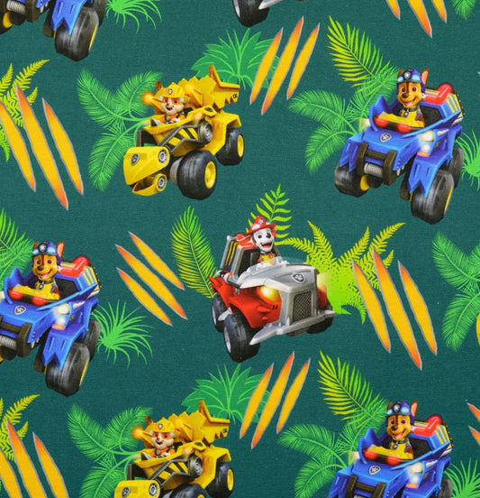 Baumwoll Jersey Stoff Paw Patrol Autos grün - Preis gilt für 0,50m Lizenzstoffe
